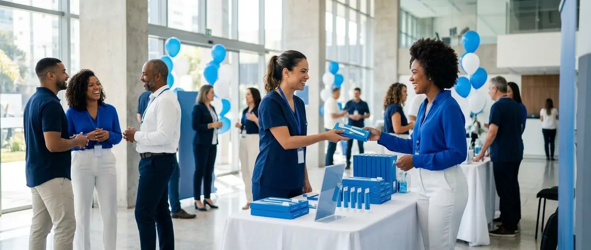 Estande de saúde bucal na semana de saúde da empresa, com entrega de kits de higiene aos funcionários